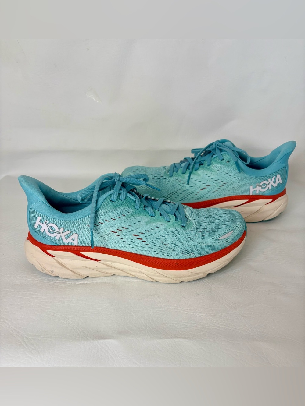 HOKA Clifton 8 Womens 9.5 B Running Shoes Aqua Blue Orange Athletic Sneakers